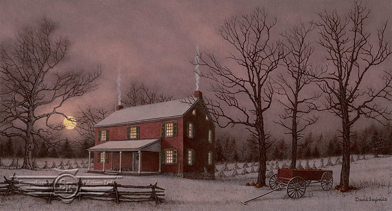 Christmas Print, Snow, Moonlight, Buckboard Wagon, Handmade Rake, Warrior Run Historical Society, Hower Slote House, Split Rail Fence, Trees, 