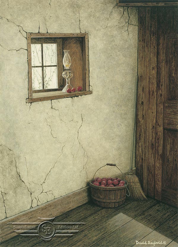 Oil Lamp, Apples, Bushel Basket, Old Broom, Colonial Building, Windowsill, Cracked Plaster, Wood Floors