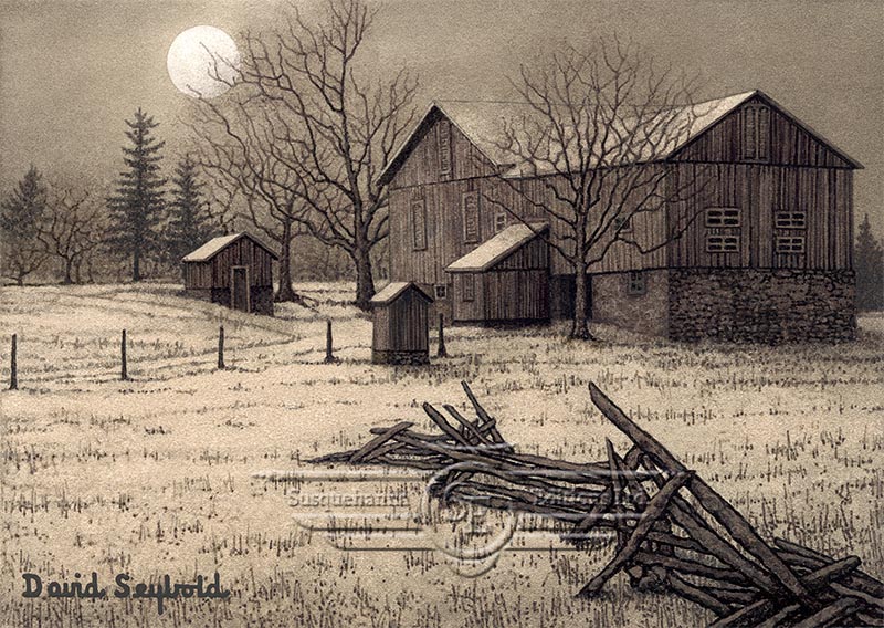 Snow, Winter, Farm, Barn, Split Rail Fence, Moonlight, Outhouse, Springhouse, Smokehouse, Trees