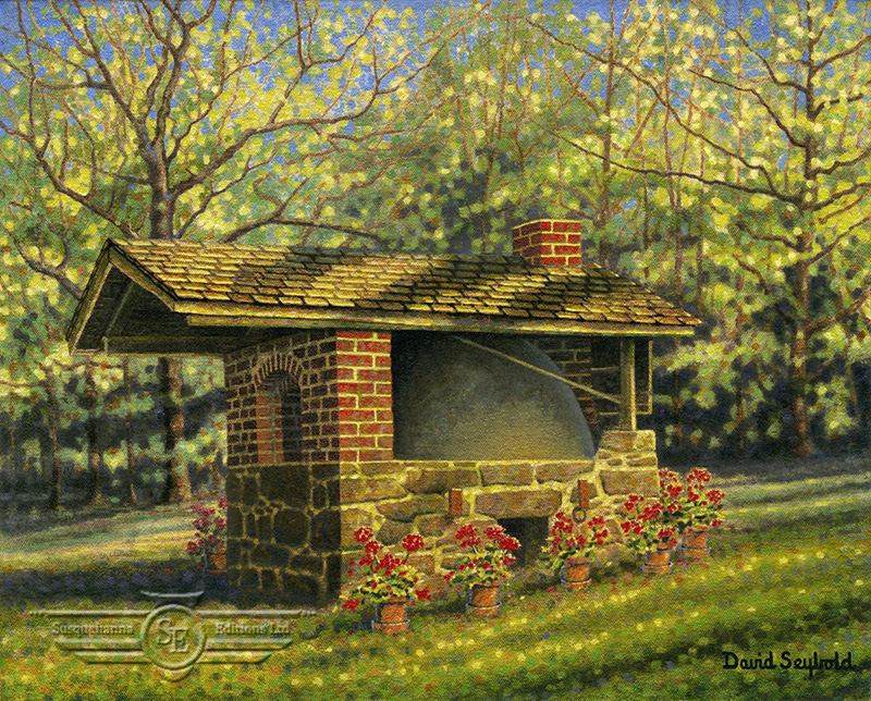 Summer, Sunshine, Brick and Stone Bake Oven, Bakoven, Geraniums, Terra Cotta Pots, Trees, Shadows, Chimney, Beehive Oven