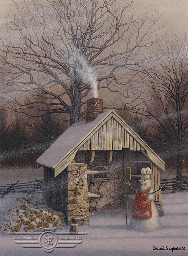 Snowman, Snow, Winter, Stone Bake Oven, Bakeoven, Pizza Paddle, Axe, Firewood, Chimney Smoke, Split Rail Fence, Birdhouse, Trees