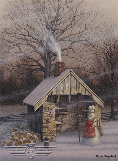 Snowman, Snow, Winter, Stone Bake Oven, Bakeoven, Pizza Paddle, Axe, Firewood, Chimney Smoke, Split Rail Fence, Birdhouse, Trees