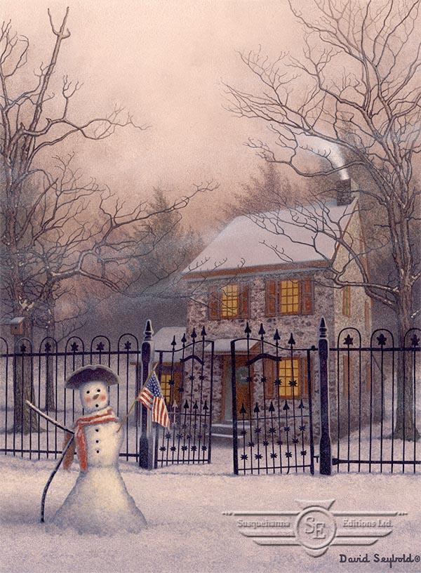 Snowman, American Flag, Colonial Hat, Scarf, Wrought Iron Gate, Fence, Stone House, Christmas Wreath, Birdhouse, Chimney Smoke, Red Shutters